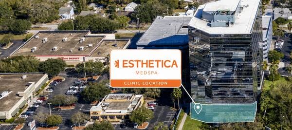 Aerial view of the area with the Esthetica MedSpa clinic location marked in the blue glass tower