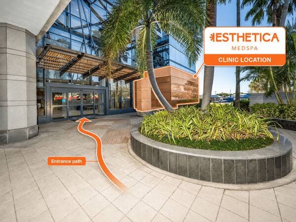 Walkway leading to the main lobby entrance, with the Esthetica MedSpa clinic location marked