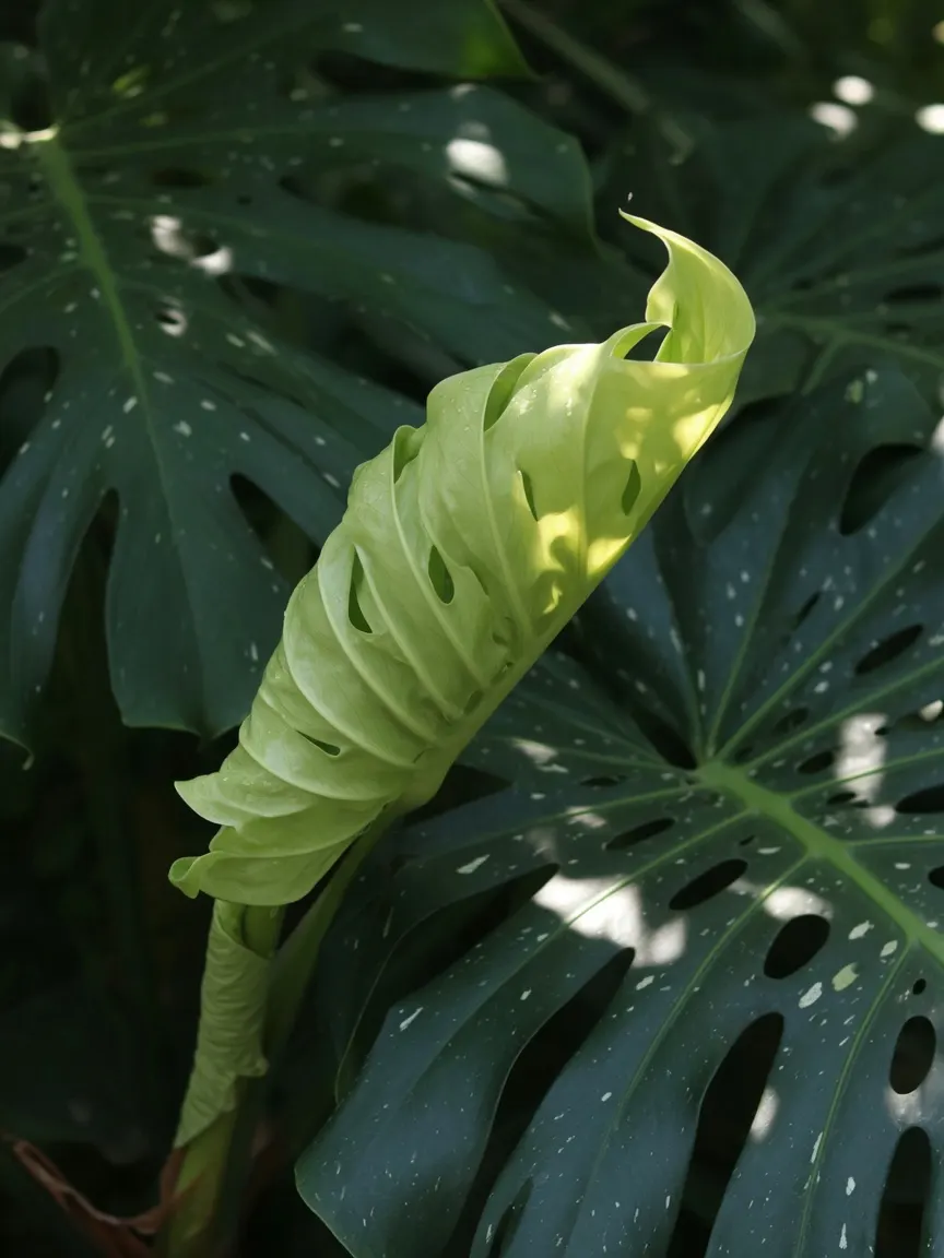 A single, vibrant monstera leaf unfurling in dappled morning light, its new growth still tightly pleated and translucent green against darker mature foliage