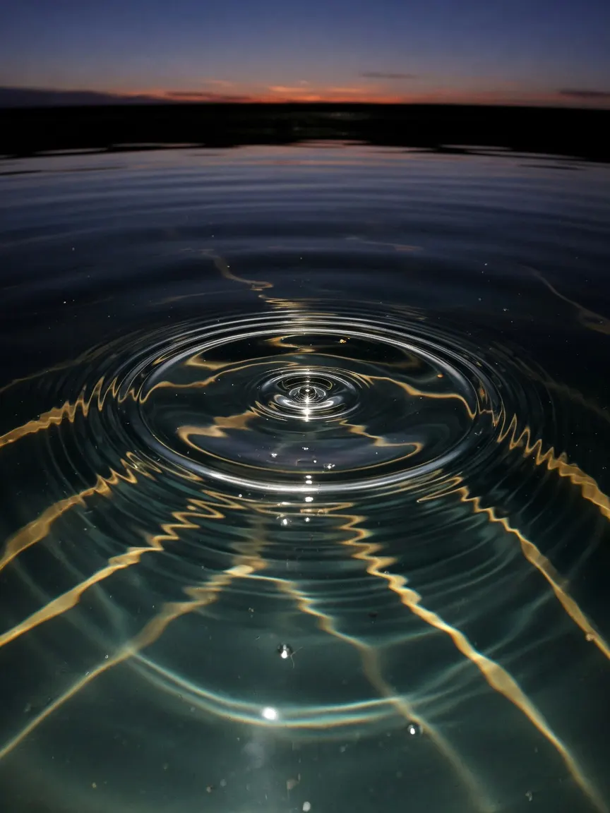 A single raindrop strikes a perfectly still obsidian pool at dusk, sending out one expanding ring of silver ripples that fracture golden refracted light beneath the surface