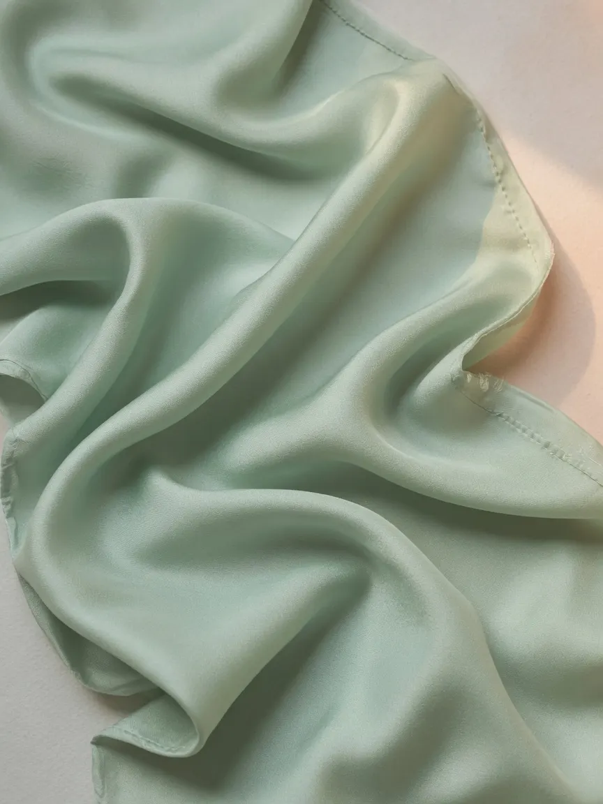 Soft, featherweight silk charmeuse in pale seafoam, loosely folded into gentle overlapping waves that catch diffused light along every delicate drape and seam