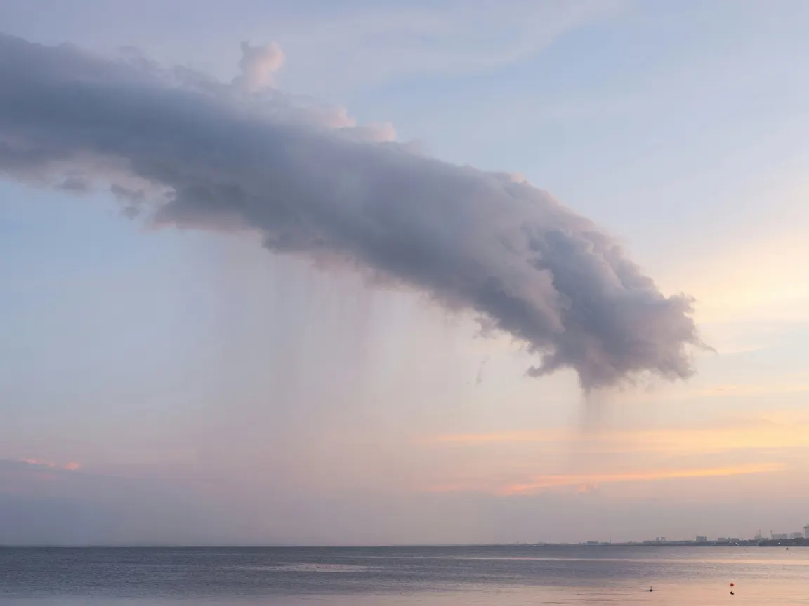 A lone veil of slate-gray storm cloud drifts over Tampa Bay at twilight, its frayed edge dissolving into pale haze and faint rain light, vast and empty