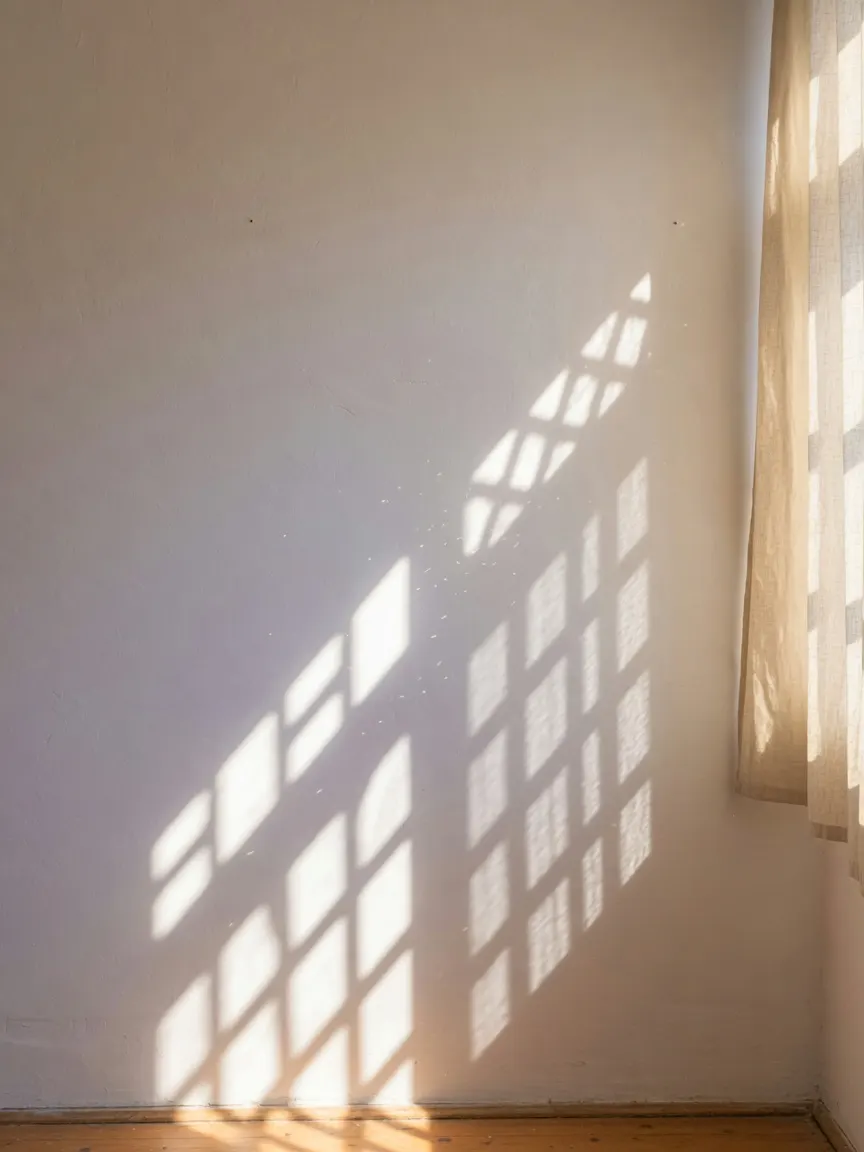 A single shaft of late-morning sun cuts diagonally through a half-open linen curtain, projecting a crisp geometric lattice of light and shadow across a bare white plaster wall