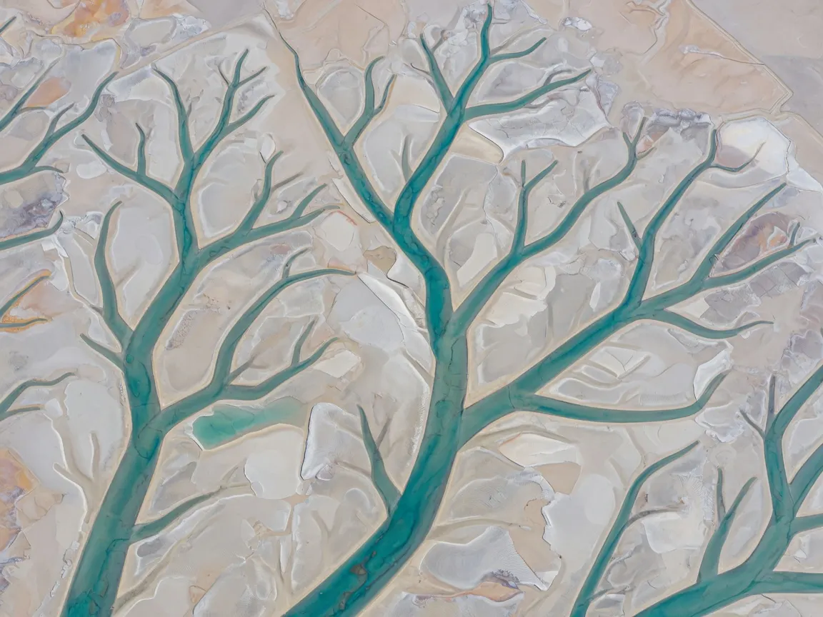 Top-down aerial of intricate, branching tidal channels carving pale salt flats into a vast geometric lattice, sunlit mineral patterns glowing like infused skin