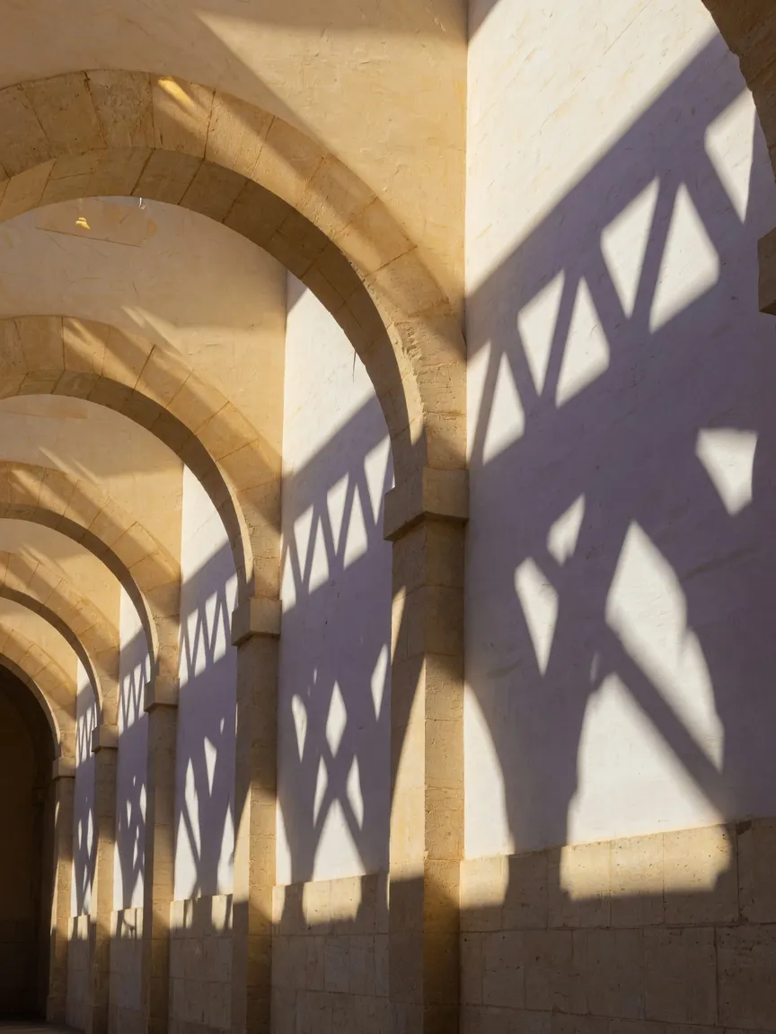 Warm light through a symmetrical stone colonnade — balanced proportion