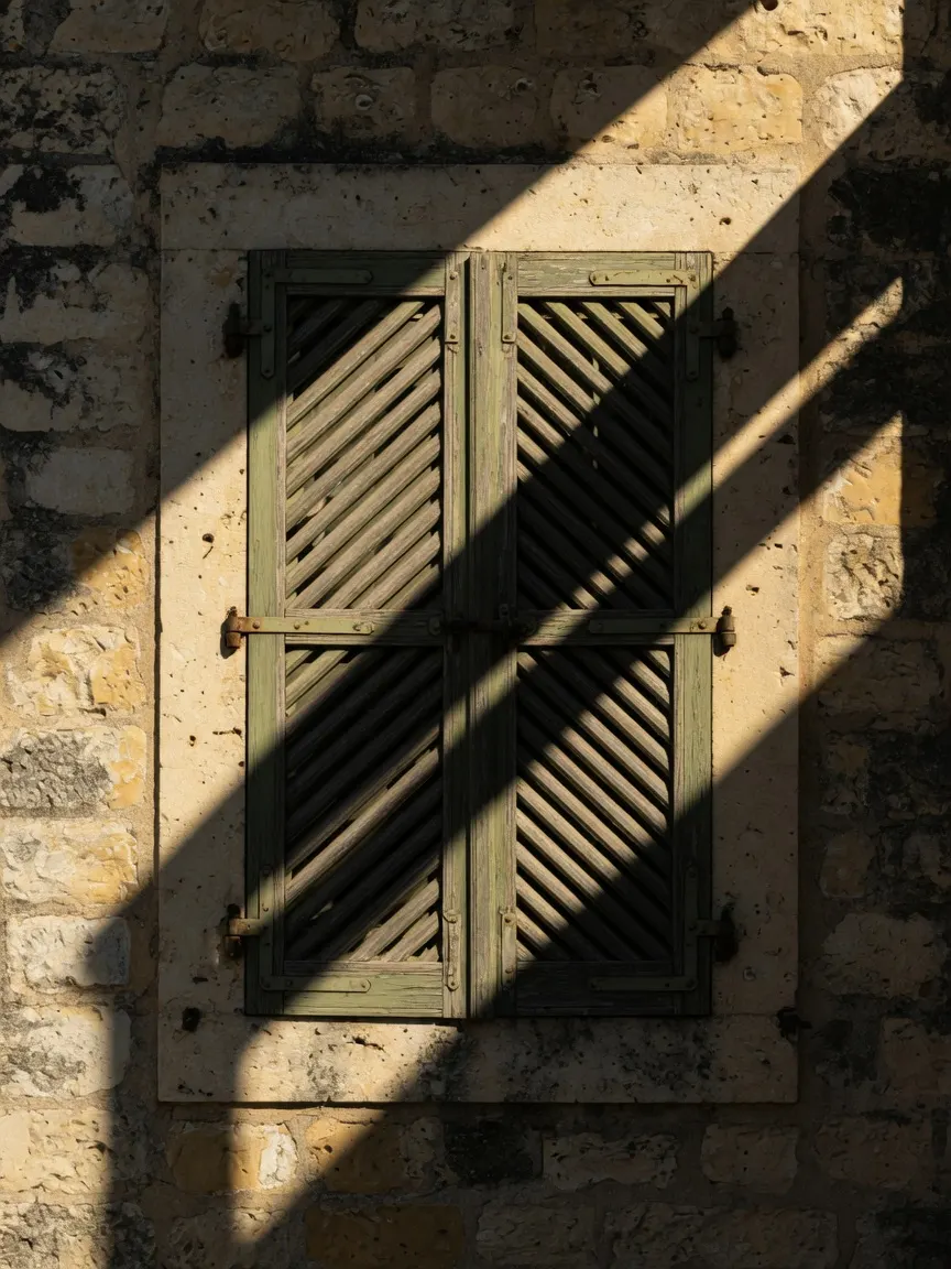 A weathered stone shuttered window in sharp raking light, its deep geometric shadow slicing diagonally across the closed slats like a frozen refusal