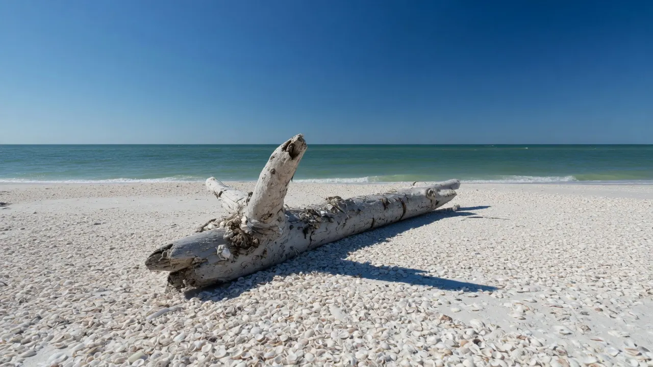 Wide Gulf coast at midday: a lone weathered driftwood log half-buried in dry shell hash, casting one sharp ink-black shadow across glaring white sand under a flat, cloudless cobalt sky
