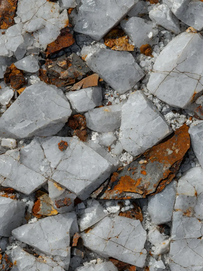 Extreme close-up of fractured white quartzite terrazzo embedded with jagged flakes of oxidized iron, filling the entire frame, stark mineral tension