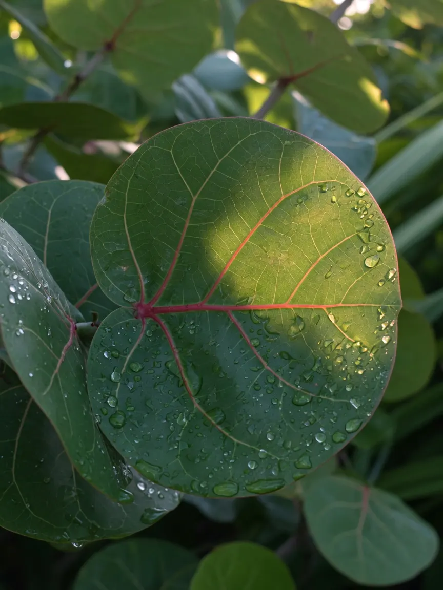 A lush sea grape leaf with its thick, waxy surface beaded in fresh subtropical dew, backlit by warm morning light, isolated against soft blurred green
