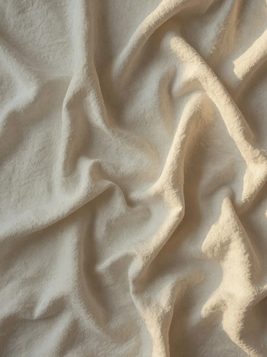 Extreme close-up of heavy raw linen in warm ivory, tightly pleated then released into dense, irregular folds that refuse to lie flat, lit by harsh subtropical sidelight