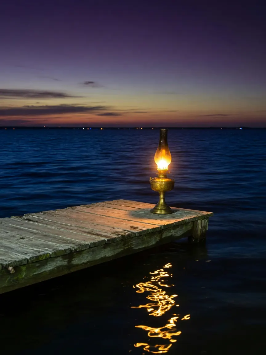 Dusk sky, a solitary antique brass oil lamp glowing warmly on a weathered wooden dock over inky bay water, casting long golden ripples into deep cobalt night