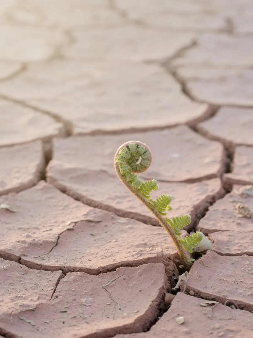 A single palm frond with elegant surface cracks against warm sand — the September reset