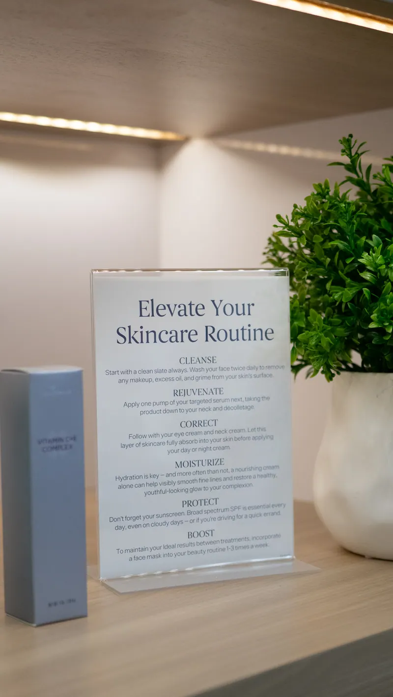 A printed skincare routine card and serum on the retail shelf at Esthetica MedSpa Tampa