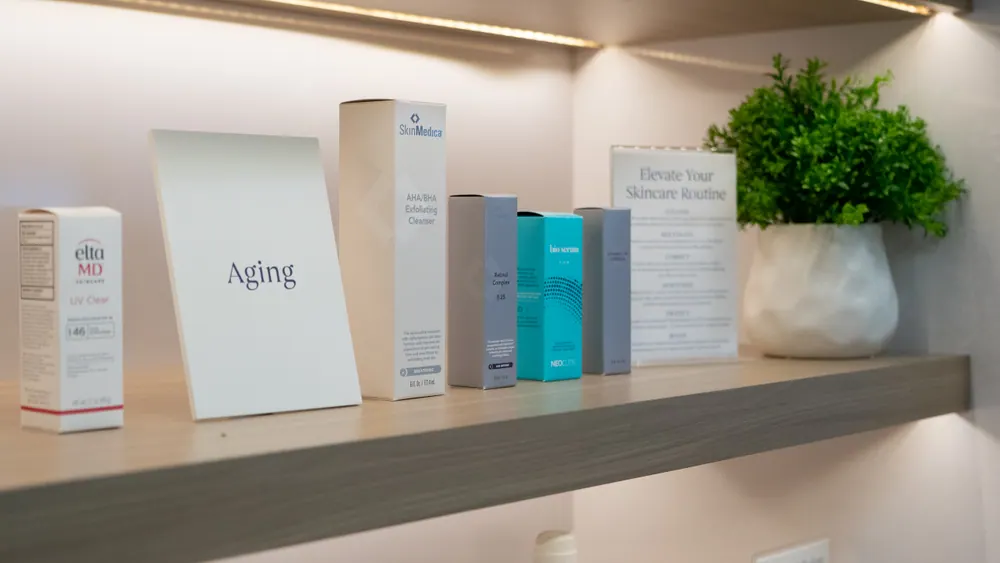 Physician-grade skincare on the Esthetica MedSpa Tampa retail wall